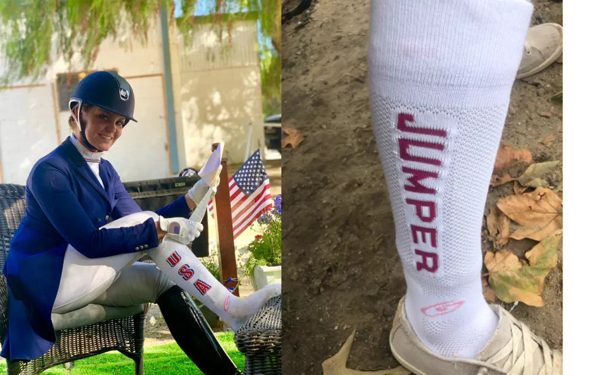 Dressage Rider Sarah Lockman, wearing Foot Huggies socks with LYCRA® fiber